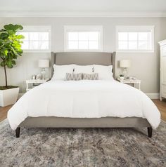 a bed with white linens and pillows in a bedroom next to two potted plants