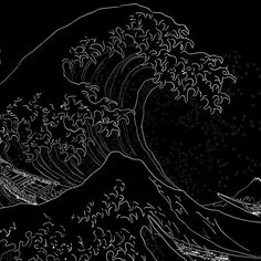 an ink drawing of the great wave in black and white