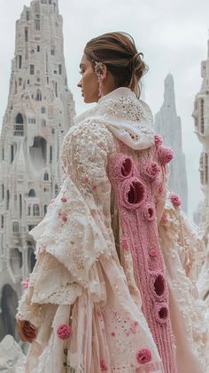 a woman in a white dress with pink flowers on her shoulders and long sleeves, standing next to a tall building