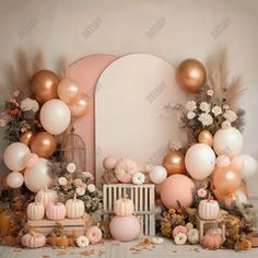 a decorated fireplace with balloons and flowers