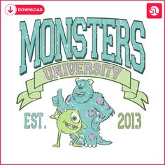 the monsters university logo is shown in green and blue, with a banner above it