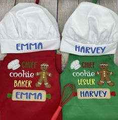 two children's personalized chef aprons are shown