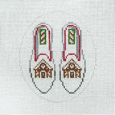 Hand painted Gingerbread HouseShoes needlepoint canvas. 18 count canvas 8" x 8" canvas size  4"  x 3.3125" design size Painted Gingerbread, Needlepoint Canvases, House Shoes, Gingerbread House, Needlepoint, Canvas Size, Gingerbread, Accessory Gift, Pet Supplies