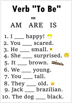 the verb to be worksheet is shown in black and white with yellow stars