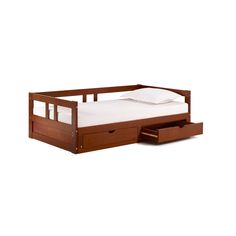 a bed with two drawers underneath it and a white sheet in the bottom drawer area