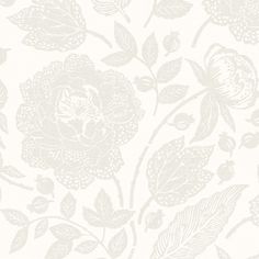 a white wallpaper with flowers and leaves on it