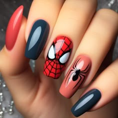 Nail ideas Spiderman Inspired Nails Simple, Nail Art Designs Spiderman, Spidey And His Amazing Friends Nails, Spider Man Nail Ideas, Simple Spider Man Nails, Music Nail Ideas, Superhero Nails Marvel, Superhero Nail Art, Spiderman Manicure