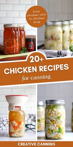 mason jars filled with canned food and text overlay that reads 20 chicken recipes for canning