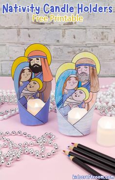 the nativity candle holders are decorated with pictures of jesus, mary and baby jesus