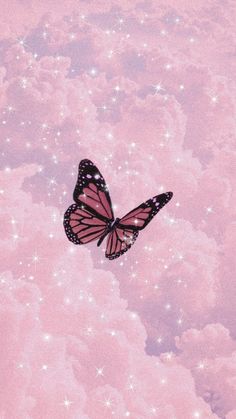 a pink butterfly flying in the sky with stars on it's back ground and clouds below