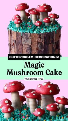 a cake made to look like mushrooms with green grass on the bottom and pink background