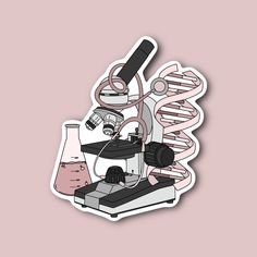 a sticker with an image of a microscope and some flasks on it