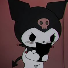 a cartoon character with an evil look on his face and chest, holding a black object in one hand