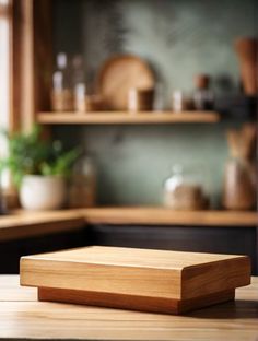 a wooden box sitting on top of a table in front of a shelf filled with pots and pans