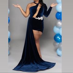 Size:Medium Material: Velvet Colors: Navy Blue, Hip Is Detailed With Crystal Embellishments Floor Length Train (Only Worn Once) No Stains Front Features Nude, Transparent Mesh In The Breast Area Navy Blue Dress, Velvet Color, Crystal Embellishment, Navy Blue Dresses, Blue Dress, Floor Length, Blue Dresses, Embellishments, The Dress