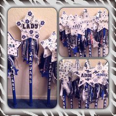 three pictures of blue and white decorations on zebra print poles with the name lady written on them