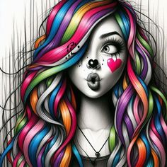 a drawing of a girl with colorful hair and makeup painted on her face is shown