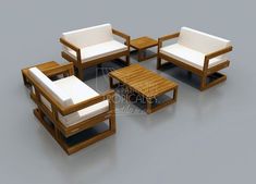 a set of wooden furniture with white cushions and wood table on grey background, 3d rendering