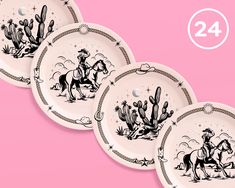 four paper plates with black and white images of cowboys on horses, cactuses, and stars