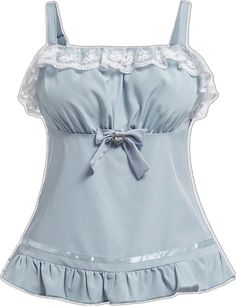 Plus Size Summer Casual Colorblock Lace Trim Bowknot Decorated Camisole, School Blue Casual   Fabric Colorblock,Plain Cami,Wide Strap Non-Stretch  Women Plus Clothing, size features are:Bust: ,Length: ,Sleeve Length: Pjs Kawaii, Coquette Blue, Blue Coquette, Plus Size Summer Casual, 2000s Clothing, Style Kawaii, Ruffle Tank Top, Kawaii Fashion Outfits, Plus Size Tank Tops