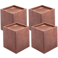 four square wooden boxes are shown in three different sizes and shapes, each with an opening at the top