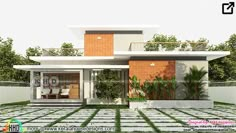 this is a 3d rendering of a modern house in the middle of a garden area