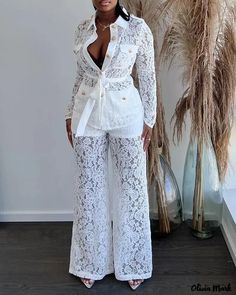 Olivia Mark - Crochet Lace Button Pocket Decor Flare Top and Pants Set White Two Piece Set, Shirt Collar Styles, White Two Piece, 2piece Outfits, Chic Dress Classy, White Fashion Casual, Straight Clothes, Flare Top, Lace Pants