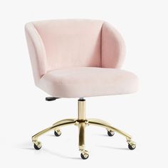 a pink office chair with gold wheels on an isolated white background for use in interior and exterior design