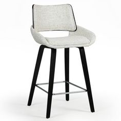 an upholstered stool with black legs and a white fabric seat, viewed from the front