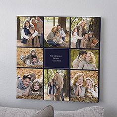 a family photo collage hanging on the wall in a living room next to a couch