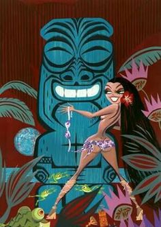 a painting of a woman dancing in front of a tiki mask and plant life