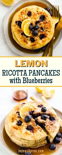 lemon ricotta pancakes with blueberries on a plate