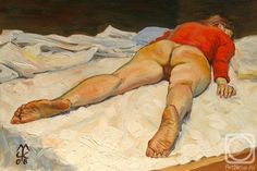 a painting of a person laying on a bed