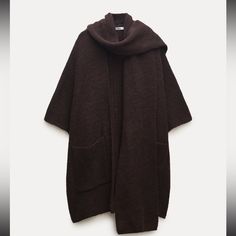 So Cute! Has Shawl Connected To Keep You Warm! Pretty Brown Color To Match With Everything Ships Same Day Zara Midi Skirt, Shawl Sweater, Zara Coat, Knitted Cape, Satin Trousers, Zara Sweater, Wool Blend Coat, Collar Sweater, Zara Jackets