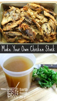 the ingredients for chicken stock are shown in this collage