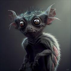 an alien creature with big eyes and spikes on it's head, standing in front of a dark background