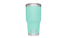 the yeti tumbler is mint green and has a stainless steel trim on it