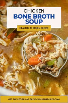 chicken bone broth soup in a bowl with a spoon