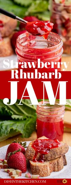 strawberry rhubarb jam in a jar with strawberries on the side