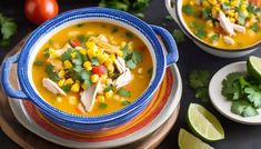 two bowls filled with soup and garnished with cilantro, corn, and lime