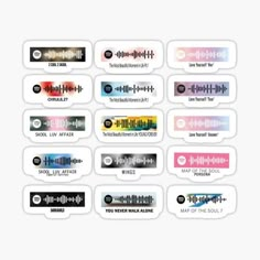 a bunch of stickers with different types of sound waves on them, all in different colors