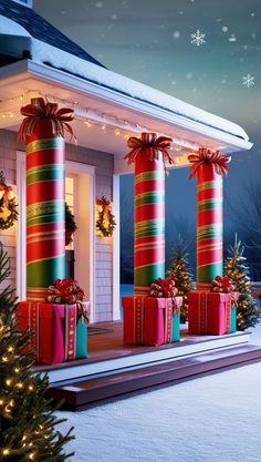 christmas presents are wrapped in bright red and green ribbons on the front porch of a house