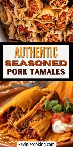 authentic seasoned pork tamales with salsa and sour cream on top, served in a serving dish