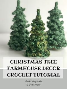 three crocheted christmas trees with text overlay that says christmas tree farmhouse decor crochet