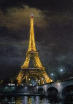 a painting of the eiffel tower lit up at night