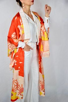 Antique Japanese Vintage Kimono in sun coloured silk, Silk Coat, cleaned and ready to wear , Tunic, Boho Style, Kaftan, Vintage Kimono Outfit, Kimono Street Style, Kimono Jacket Pattern, Kimono Styles, Architectural Fashion, Alternative Dress, Kimono Style Jacket, Red Kimono, Kimono Japan