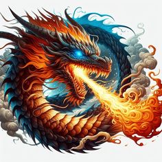 a dragon with orange and blue flames on it's head is flying through the air