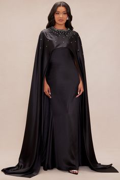 Anastasia Brooke Embellished Maxi Dress - Nude | Fashion Nova Cape Dresses Formal, Black Satin Maxi Dress, Cape Dresses, Cloak Dress, Gown With Cape, Maxi Dress Strapless, Dress With Cape, Embellished Maxi Dress, Black Satin Dress