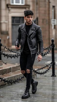 Men's Edgy Fashion, Cumbia Outfits, Leather Outfit Men, All Black Leather Outfit, Bad Boy Outfits, Black Jacket Outfit, Alex Costa, Black Leather Jacket Outfit, Black Leather Outfit