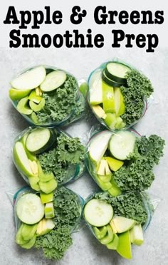 apples and greens smoothie prepped in small bowls with the words, apple & greens smoothie prepp